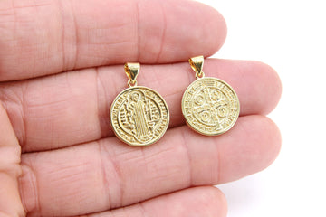 St. Benito Charms, 17 mm Gold Cross St. Benedict Charm #502, Round Medallion Medals Charms